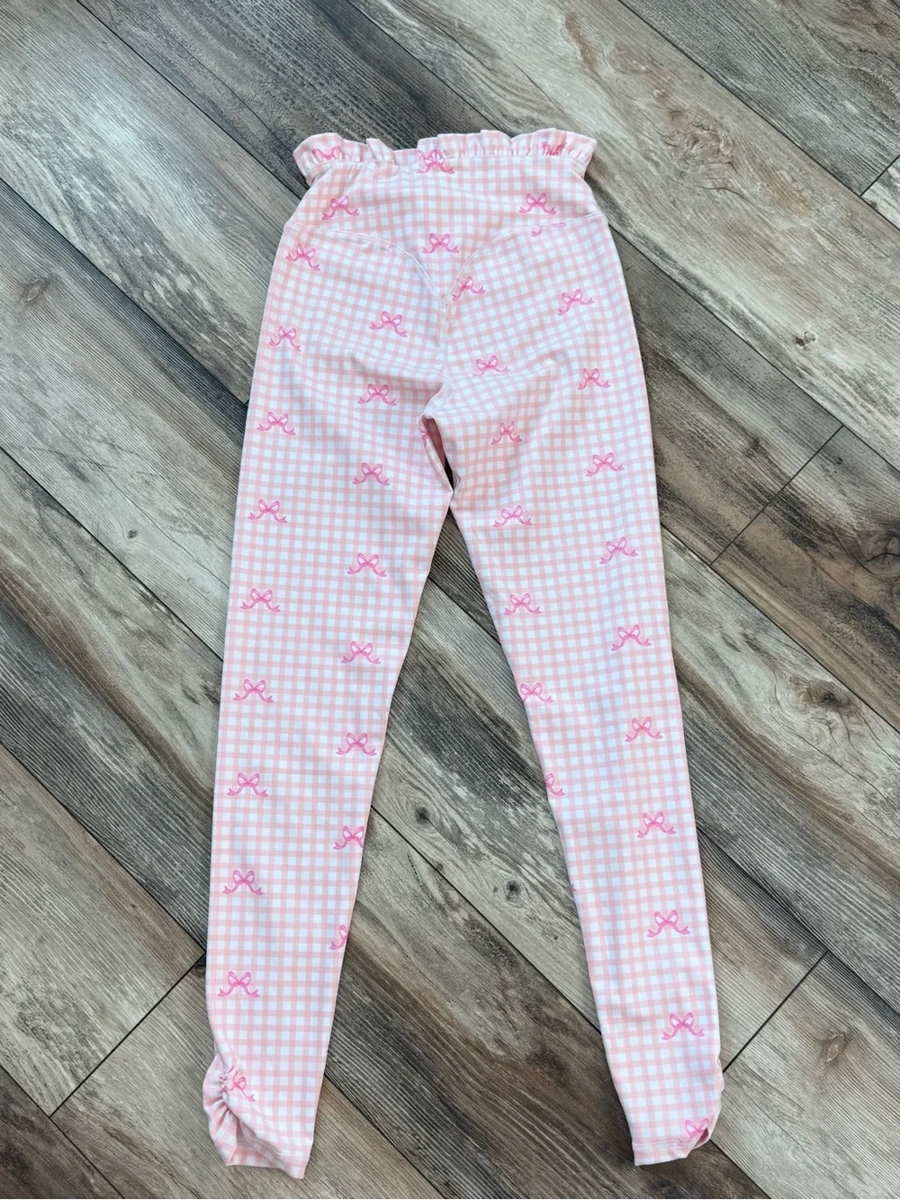 Gingham Bow Print Leggings with Ruffle Waist